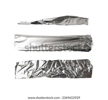 Aluminum Foil Torn Paper Edge Isolated, Wrinkled Aluminium Paper Pattern, Long Crumpled Tin Material Piece, Textured Abstract Tinfoil Object, Broken Tinfoil Sheet on White Background Royalty-Free Stock Photo #2369652929
