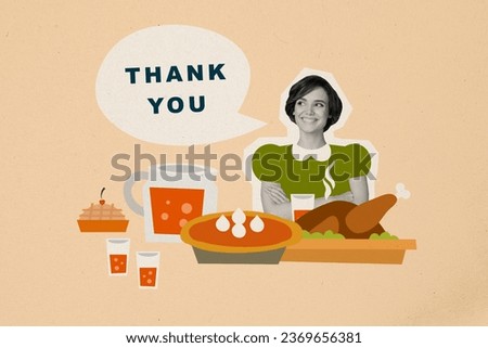 Creative image picture collage of beautiful happy lady speak talk thank you on thanksgiving day gathering