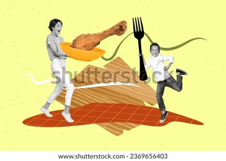 Picture poster image collage of cheerful happy mommy carrying fried chicken leg for breakfast isolated on drawing background
