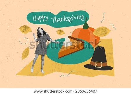 Postcard image collage of cheerful cute miniature girl eating delicious pumpkin pie isolated on drawing background