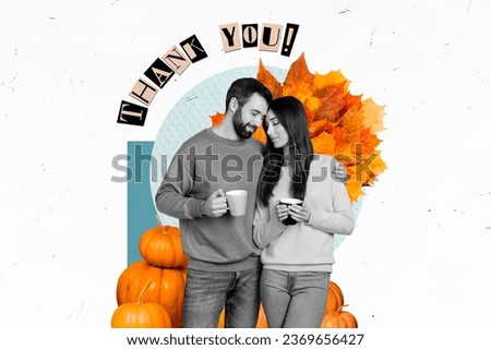 Collage image poster of two people wife and husband hugging enjoying drinking hot tasty tea isolated on drawing background