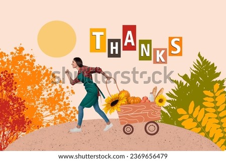 Creative collage picture of girl pull shop trolley pumpkin bread sunflower milk plant field sun thanks poster isolated on beige background
