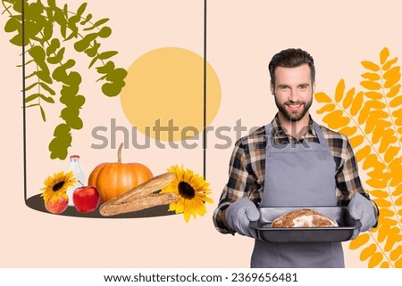 Creative collage picture of positive baker guy hold fresh bread tray sunflower milk apple painted leaves isolated on beige background
