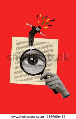 Collage banner poster of little guy standing on large magnifying glass search for sales in book page