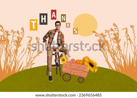 Collage picture of positive guy sit chair wooden trolley sunflower bread milk pumpkins drawing plant field thanks isolated on beige background