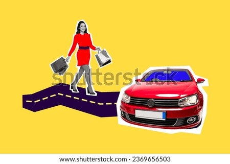 Poster banner template creative collage of rich wealthy client walk with purchase to car