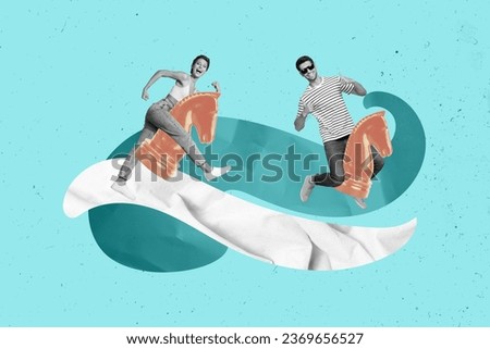 Exclusive magazine picture sketch collage image of excited funny couple riding chess horses isolated creative background