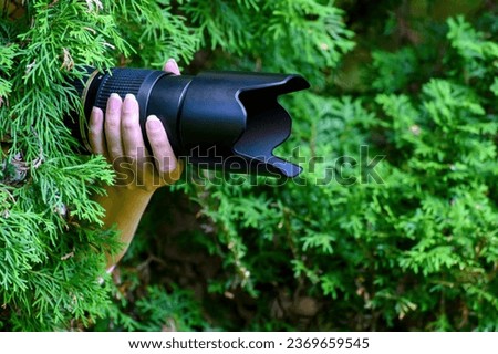 the paparazzi is hiding in the green bushes with a black camera.