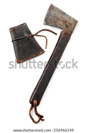 antique portable axe with leather holster Royalty-Free Stock Photo #236966149