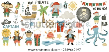 Cute pirate collection for kids. Watercolor set of animals in pirate costumes, tiger, elephant, monkey, mouse, hippopotamus, lion, bear, octopus, balloon, helm, pirate ship, birthday design elements.
