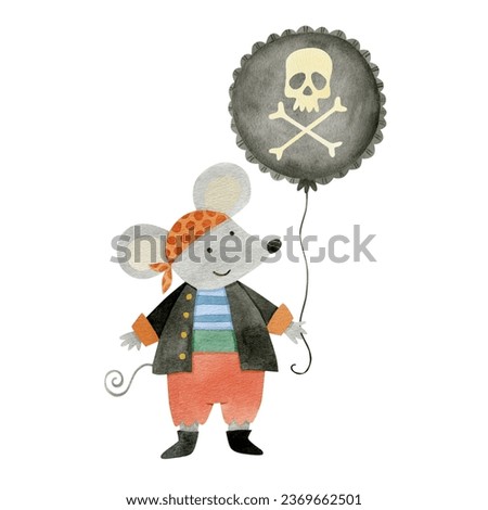 Mouse in a pirate costume with a ball. Isolated cute animal. Watercolor illustration.