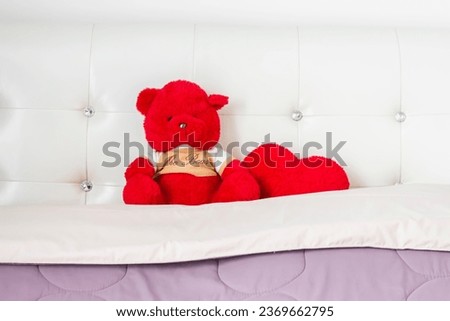 Picture of a red teddy bear placed on the headboard of the bed.