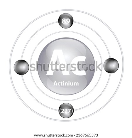Actinium (Ac) Icon structure chemical element round shape circle grey, black with surround ring. Period number shows of energy levels of electron. Study science for education. 3D Illustration vector