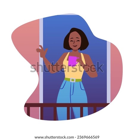 Young woman on the balcony with a teacup. Neighbourhood cartoon female character enjoys a cup of coffee. Beautiful girl meets the good morning vector flat illustration isolated on white background. Royalty-Free Stock Photo #2369666569