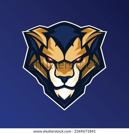 logo illustration of a lion creature, bold shades of sand, cream and blue. In the style of Sport and E-sport logos and mascots. Perfect for college, varsity or pro sport teams