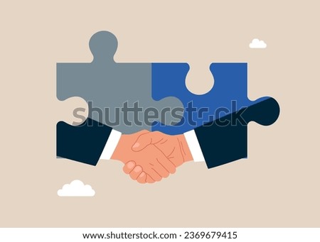Finish deal and handshake on jigsaw puzzle. Teamwork support each other concept. Vector illustration