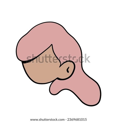 Doodle illustration of cartoon cute head girl with pink hair