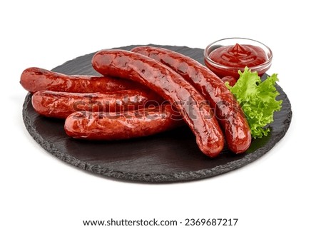 BBQ Roasted pork sausages, close-up, isolated on white background Royalty-Free Stock Photo #2369687217