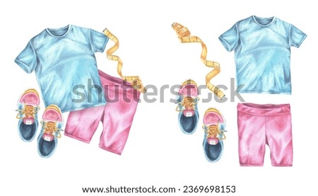 Sports set. Watercolor illustration of fitness wear and shoes. Hand drawn clip art on isolated background. Painting of running clothes. Water color sketch of T shirts and sneakers