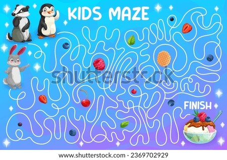 Labyrinth maze game. Help to cartoon animal characters find a tasty ice cream. Labyrinth playing activity vector worksheet with badger, penguin, hare or rabbit cute personage, sundae ice cream dessert