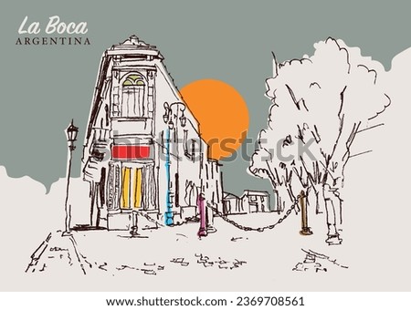 Vector hand drawn sketch illustration of a traditional street in La Boca, Argentina.