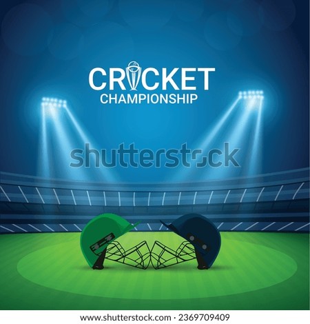spectators expecting an evening match on the green grass field stadium. Sport building 3D illustration. Cricket league concept poster. cricket helmet. Night Cricket stadium illustration vector. Royalty-Free Stock Photo #2369709409