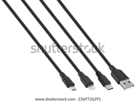 cable with USB connector, Type-C, Lightning on white background in insulation Royalty-Free Stock Photo #2369726291