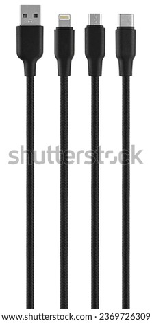 cable with USB connector, Type-C, Lightning on white background in insulation Royalty-Free Stock Photo #2369726309
