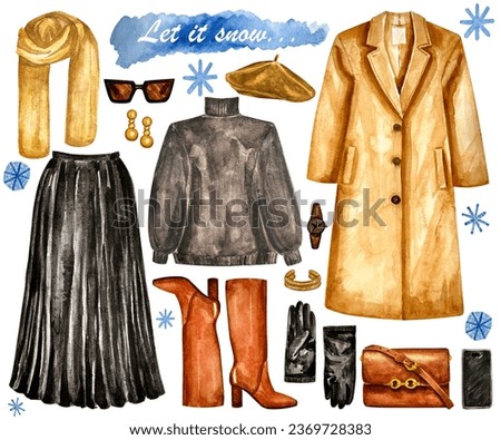 Watercolor hand drawn winter clothes. Fashion illustration clothing set. Stylish and trendy outfit. Winter acscessories clip art set.