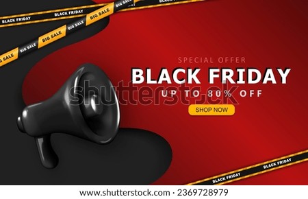Template of Black Friday advertising  banner with super sale information, black shouting megaphone and striped barrier tapes. Layout of promo discount poster for social media post or web page Royalty-Free Stock Photo #2369728979
