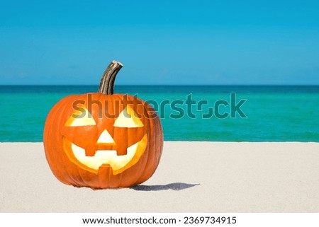 Halloween party on the beach. Pumpkin Jack-o'-lantern. Jack o lantern for Happy Halloween. Autumn season. On background ocean. Autumn in Florida. Fall season. Copy space.