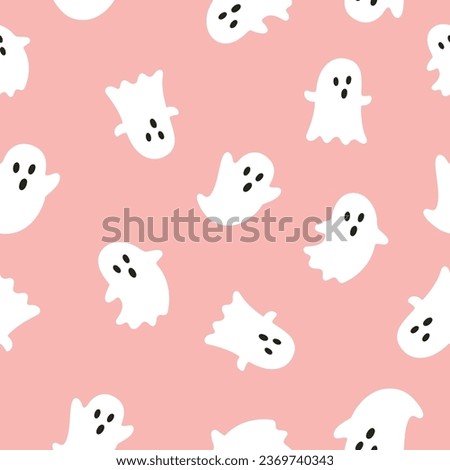 Cute halloween seamless pattern with ghosts on pink background. Vector illustration