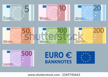 Stacksof Banknotes in denominations of 5,10, 20, 50 , 100, 200 and 500 euros on a white background. European Union paper money five, ten, twenty, fifty, one hundred, two hundred, five hundred euros. Royalty-Free Stock Photo #2369740663