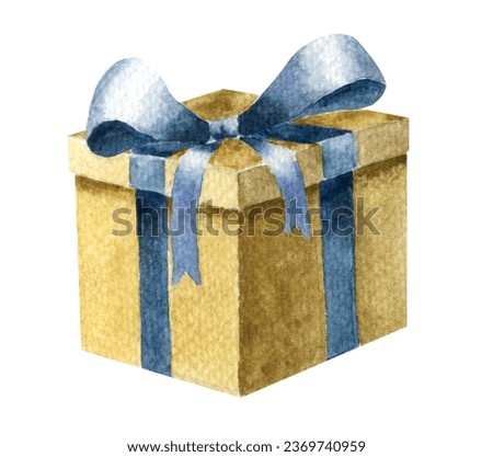 Watercolor craft christmas gift with blue bow. Blue satin ribbon on birthday present. Big craft box. Surprize.