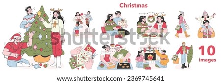 People celebrate christmas and new year set. Cheerful family members or friends spending time together on winter holidays. Festive traditions. Flat vector illustration