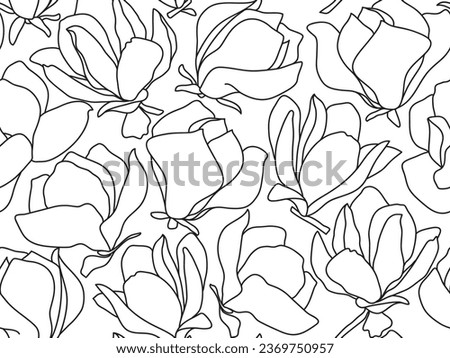 Seamless white and black floral pattern. Botanical drawing. Magnolia sketch. Vector line drawn leaves and flowers branches. Vector flowers.