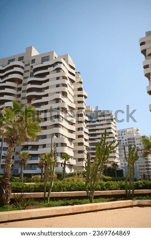 An empty street with contemporary palms and high rise buildings with glass mirrored and geometric walls of modern Casablanca city under blue sky. Real estate, architecture and exterior design concept