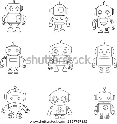 Simple Black and white illustration of robots set.