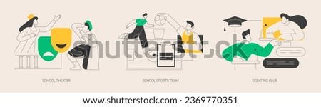 After-school activity abstract concept vector illustration set. School theater, sports team, debating club, kids drama class, speaking class, communication skill, workshop abstract metaphor. Royalty-Free Stock Photo #2369770351