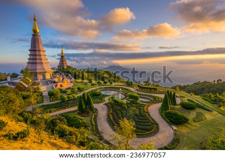 Landscape of two pagodas Noppamethanedol & Noppapol Phumsiri in an Inthanon mountain, Thailand. Royalty-Free Stock Photo #236977057
