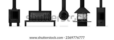 Stoves and fireplaces without fire. Wood burning, pellet, gas, multi fuel burners, potbelly oven. Home heating design. Set of vector flat illustrations isolated on white background Royalty-Free Stock Photo #2369776777