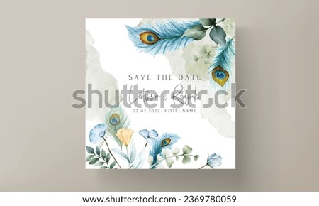 wedding invitation card with beautiful floral and peacock feather
