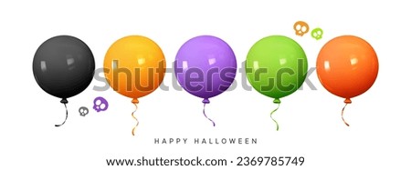 Set of round helium balloons black and orange, purple, green colors. Halloween balloons isolated on white background. Festive element in realistic 3d design. Decor for Halloween. vector illustration Royalty-Free Stock Photo #2369785749