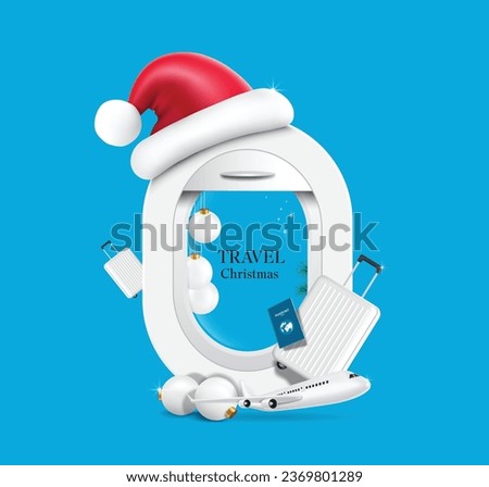 Wool hat or Santa Claus hat It is placed across airplane window and has airplane, luggage, passport on front for designing travel during Christmas or New Year, vector 3d isolated on blue background