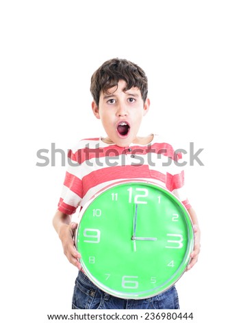 Surprised boy holding a clock