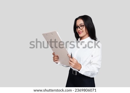 Young Asian Business Woman with Clipboard Isolated Background