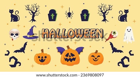 Halloween vector design with clip art set of pumpkins, bats, ghosts, cats, skulls, hats and others. suitable for posters and web