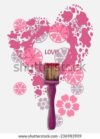 Love concept illustration. Paint brush tool and pink blot as heart with  drops and flowers. Heart frame. Vector illustration - vector stock. As design element, web page template. For Valentine day.