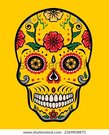 Colorful Mexican Floral Sugar Skull Vector Illustration Graphic for Day of the Dead, d Halloween, Dia de Muertos,  Royalty-Free Stock Photo #2369858875