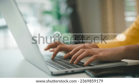Women use laptop computers to search for data information. Optimize searching process with your website to expand company visibility in organic search results. Search Engine Optimization or SEO.